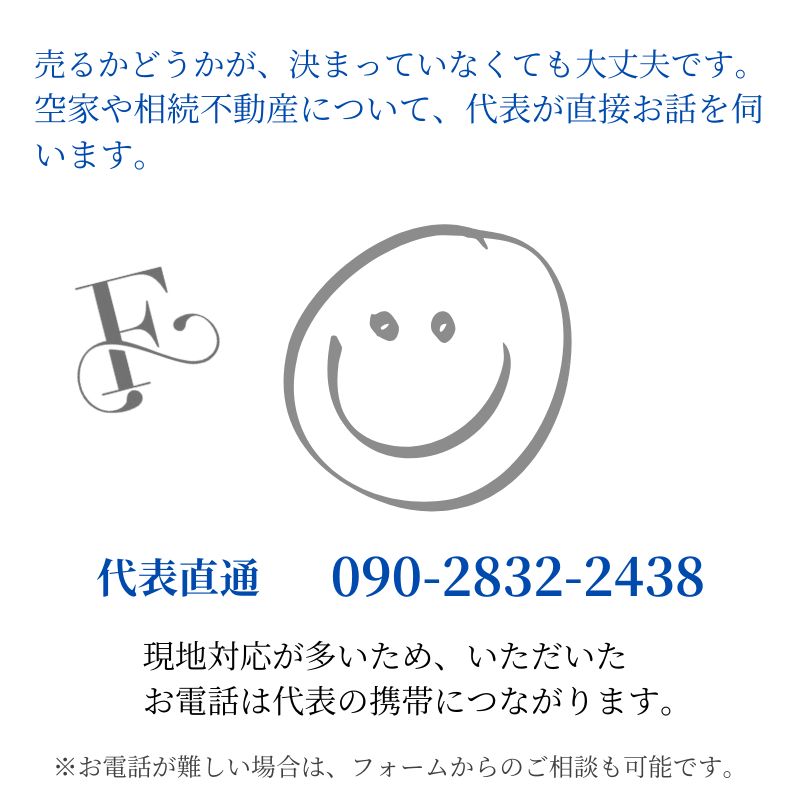 現地対応が多いため、いだたいたお電話は代表の携帯電話につながります。